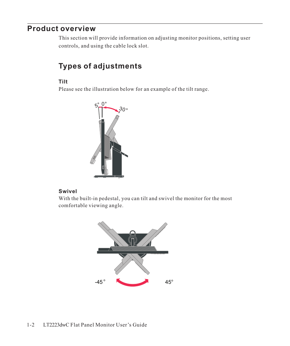 Product overview -2, Types of adjustments -2, Product overview | Types of adjustments | Lenovo ThinkVision LT2223d 21.5-inch FHD WLED Backlit LCD OneLink Docking Monitor User Manual | Page 6 / 44