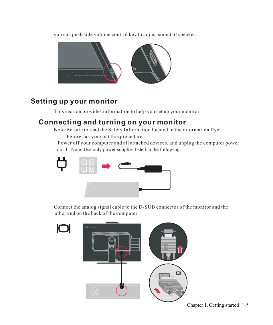Setting up your monitor -5, Connecting and turning on your monitor -5, Setting up your monitor | Connecting and turning on your monitor | Lenovo ThinkVision LT2223d 21.5-inch FHD WLED Backlit LCD OneLink Docking Monitor User Manual | Page 9 / 44