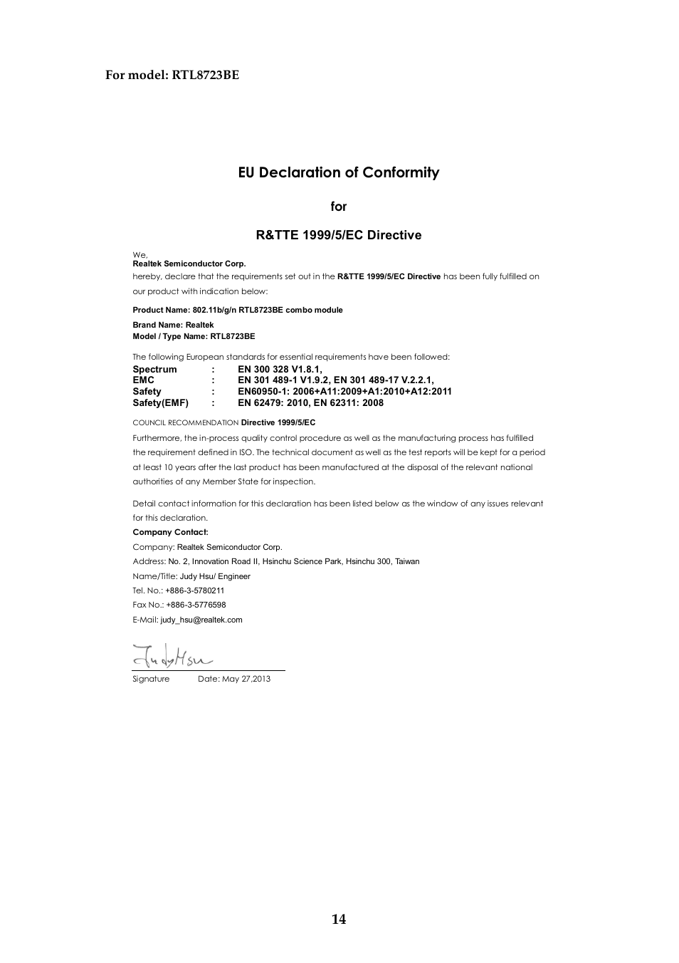 Eu declaration of conformity, For model: rtl8723be | Lenovo M50-70 Notebook User Manual | Page 14 / 15