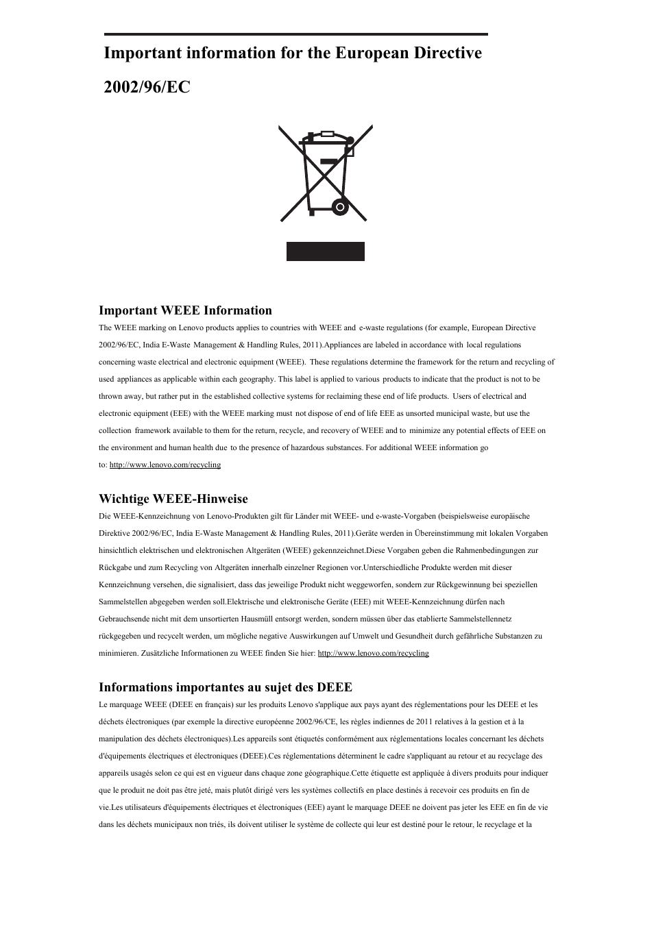 Important weee information, Wichtige weee-hinweise, Informations importantes au sujet des deee | Lenovo LI2821 Wide LCD Monitor User Manual | Page 11 / 17