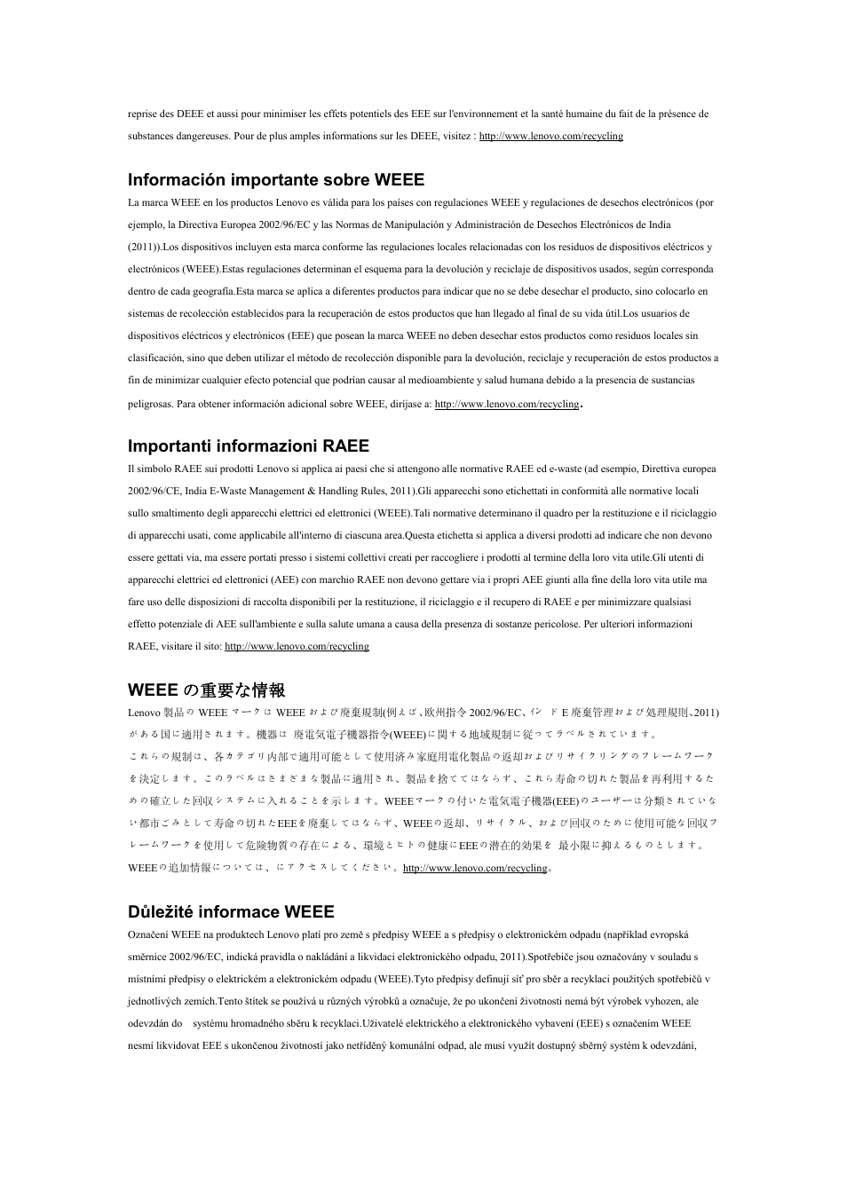 Información importante sobre weee, Importanti informazioni raee, Weee の重要な情報 | Důležité informace weee | Lenovo LI2821 Wide LCD Monitor User Manual | Page 12 / 17