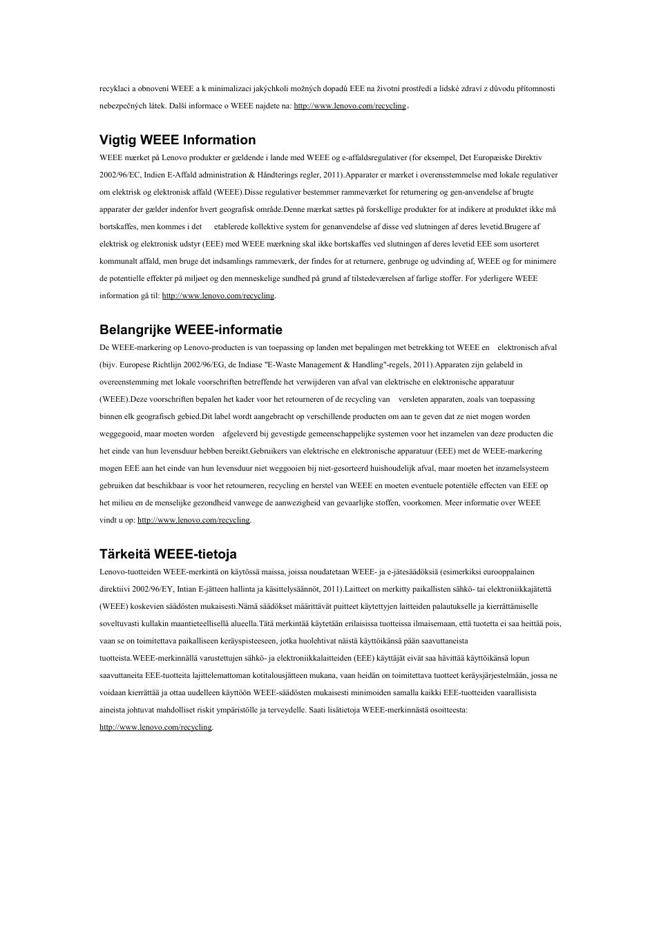 Vigtig weee information, Belangrijke weee-informatie, Tärkeitä weee-tietoja | Lenovo LI2821 Wide LCD Monitor User Manual | Page 13 / 17
