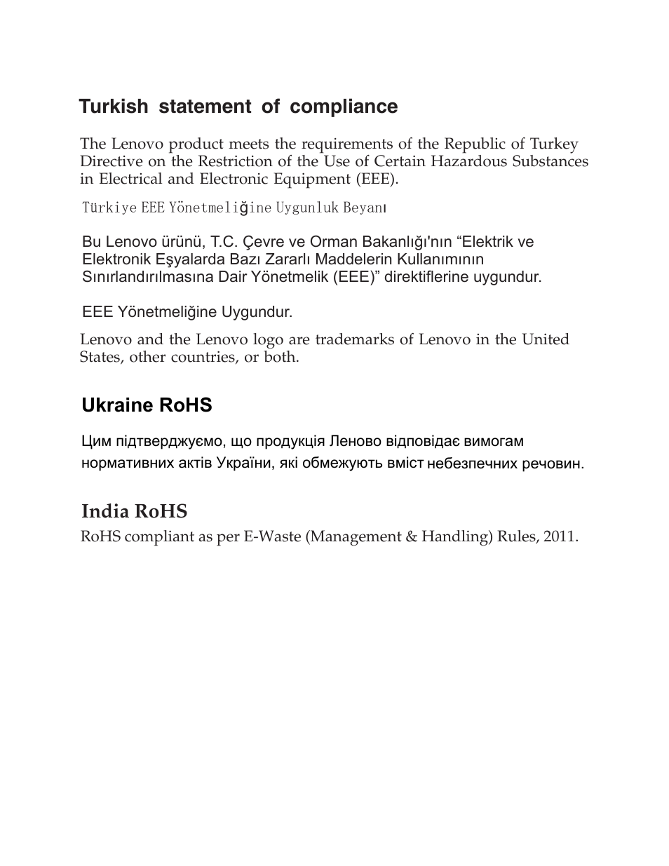 Turkish statement of compliance, Ukraine rohs, India rohs | Lenovo LI2821 Wide LCD Monitor User Manual | Page 17 / 17