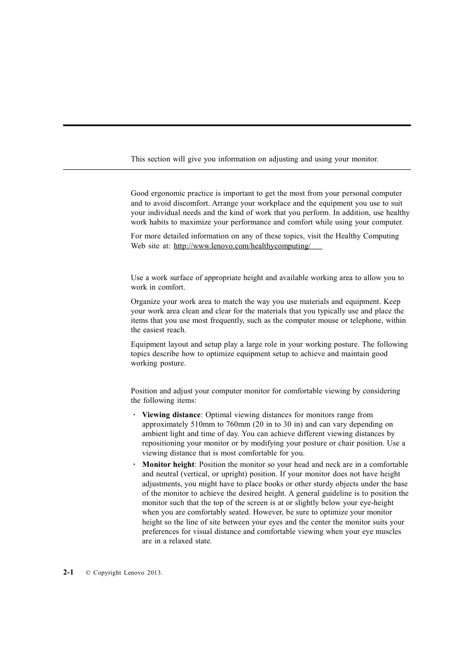 Chapter 2. adjusting and using your monitor, Comfort and accessibility, Arranging your work area | Lenovo ThinkVision LT1713p 17-inch Square LCD Monitor User Manual | Page 13 / 38