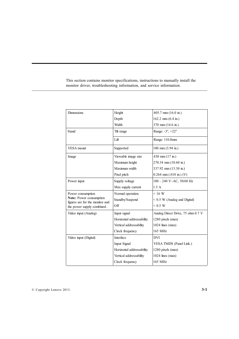 Chapter 3. reference information, Monitor specifications | Lenovo ThinkVision LT1713p 17-inch Square LCD Monitor User Manual | Page 22 / 38