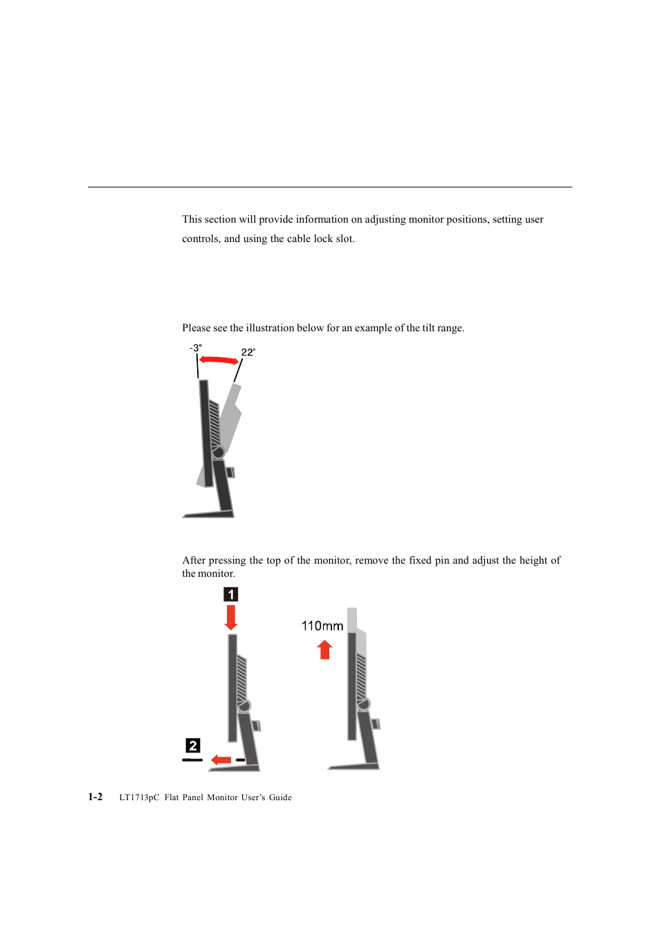 Product overview, Types of adjustments tilt, Height adjustment | Lenovo ThinkVision LT1713p 17-inch Square LCD Monitor User Manual | Page 6 / 38