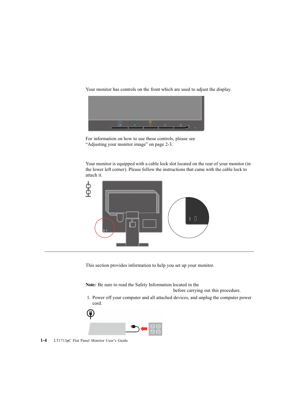User controls, Cable lock slot, Setting up your monitor | Connecting and turning on your monitor | Lenovo ThinkVision LT1713p 17-inch Square LCD Monitor User Manual | Page 8 / 38