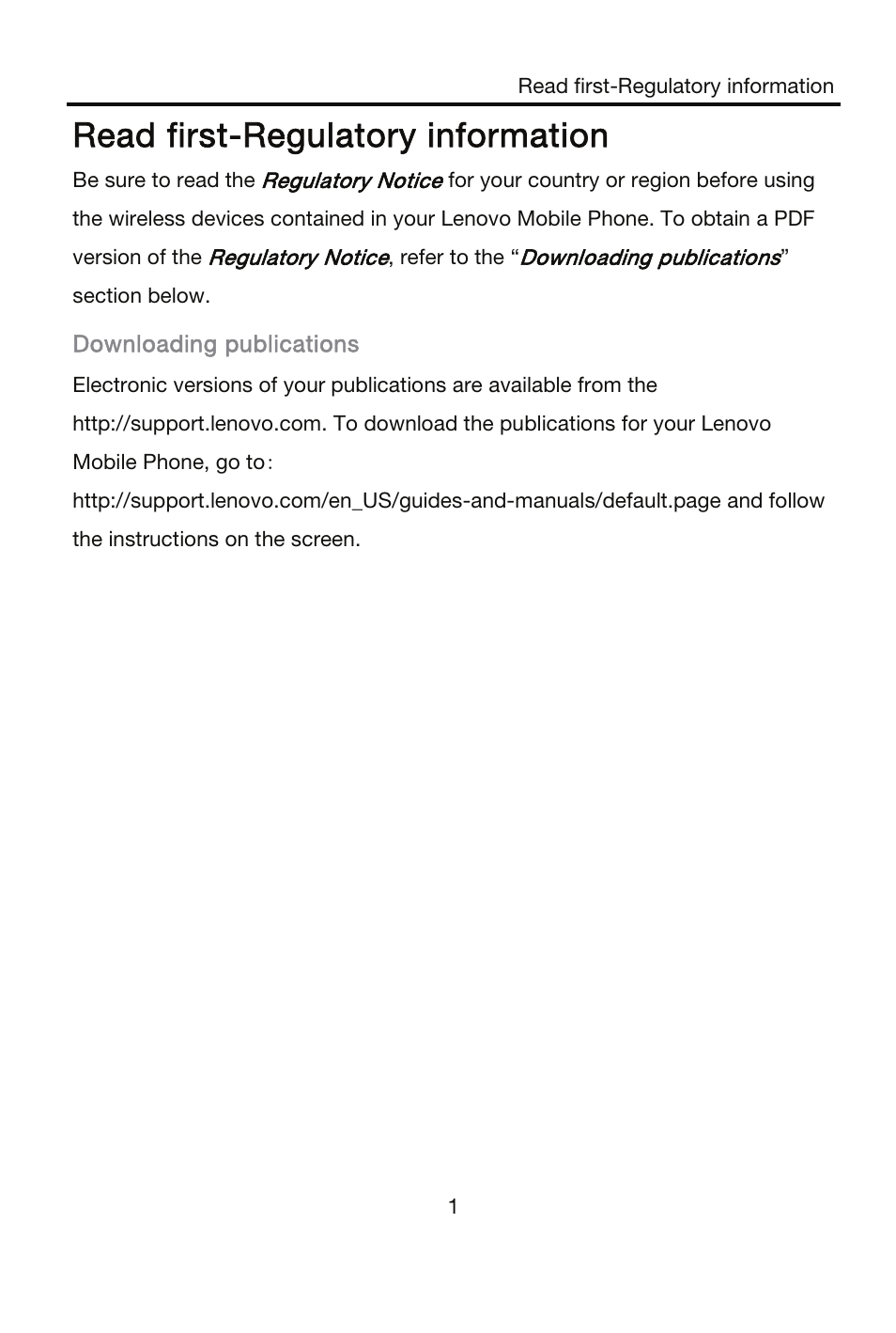 Read first-regulatory information | Lenovo A526 Smartphone User Manual | Page 4 / 22