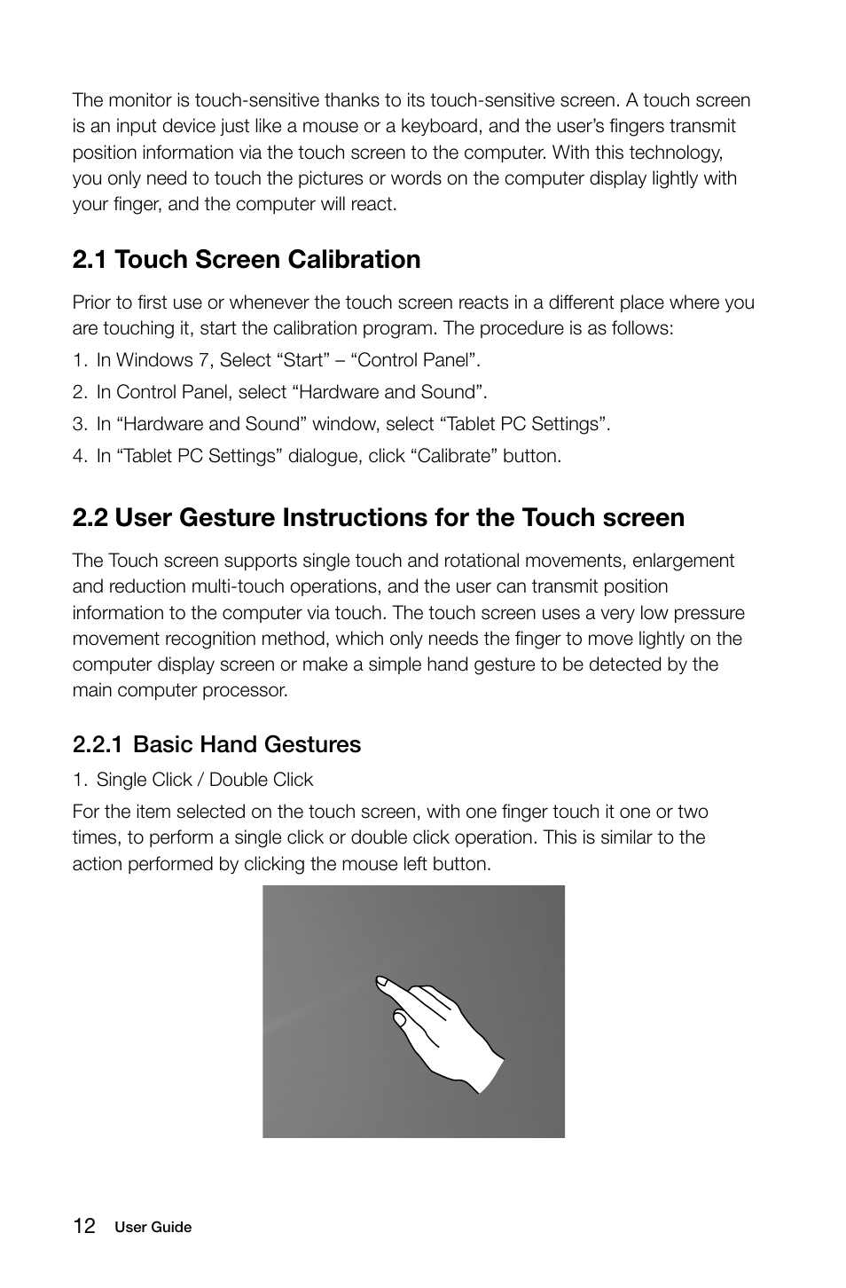 1 touch screen calibration, 2 user gesture instructions for the touch screen | Lenovo IdeaCentre A720 User Manual | Page 17 / 39