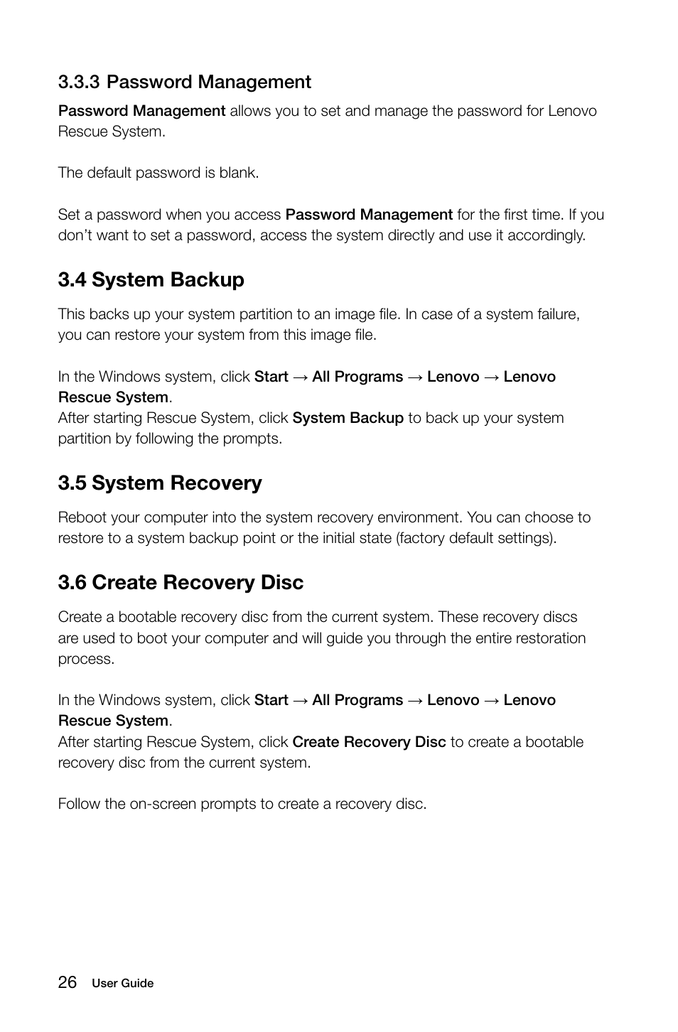 4 system backup, 5 system recovery, 6 create recovery disc | 3 password management | Lenovo IdeaCentre A720 User Manual | Page 31 / 39