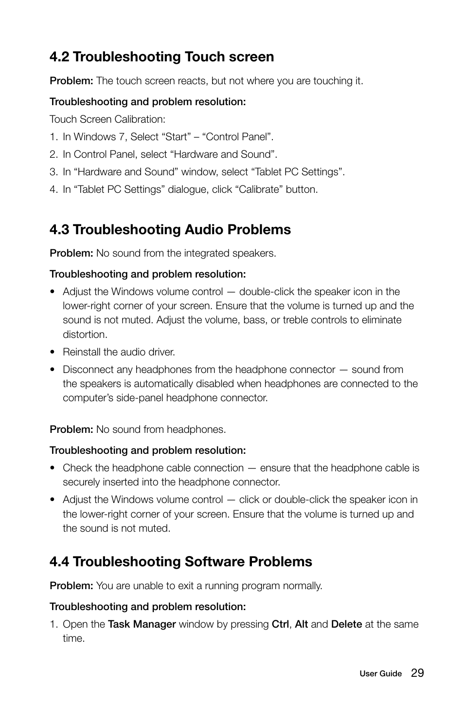 2 troubleshooting touch screen, 3 troubleshooting audio problems, 4 troubleshooting software problems | Lenovo IdeaCentre A720 User Manual | Page 34 / 39