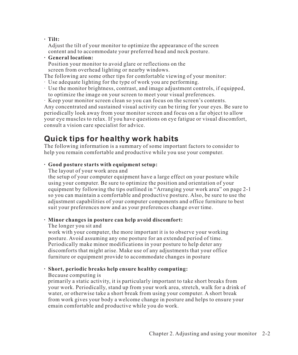 Quick tips for healthy work habits | Lenovo ThinkVision LT2223z 21.5in LCD Monitor User Manual | Page 15 / 41