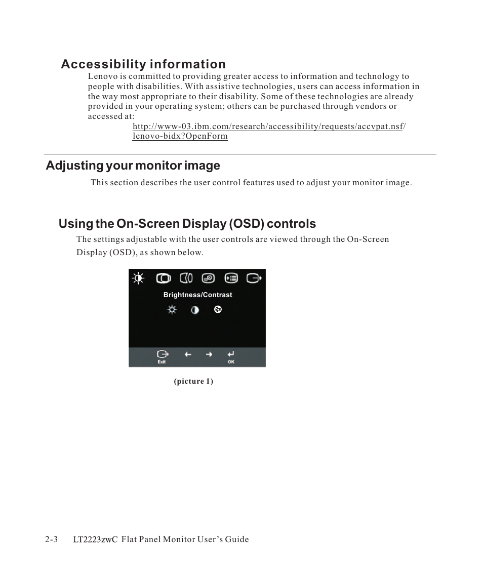 Accessibility information, Adjusting your monitor image, Using the on-screen display (osd) controls | Lenovo ThinkVision LT2223z 21.5in LCD Monitor User Manual | Page 16 / 41