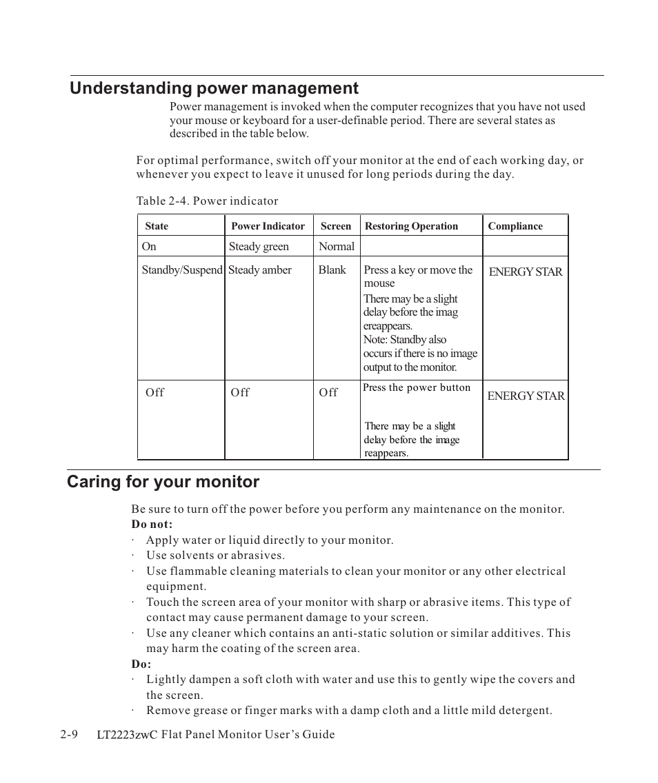 Understanding power management, Caring for your monitor | Lenovo ThinkVision LT2223z 21.5in LCD Monitor User Manual | Page 22 / 41