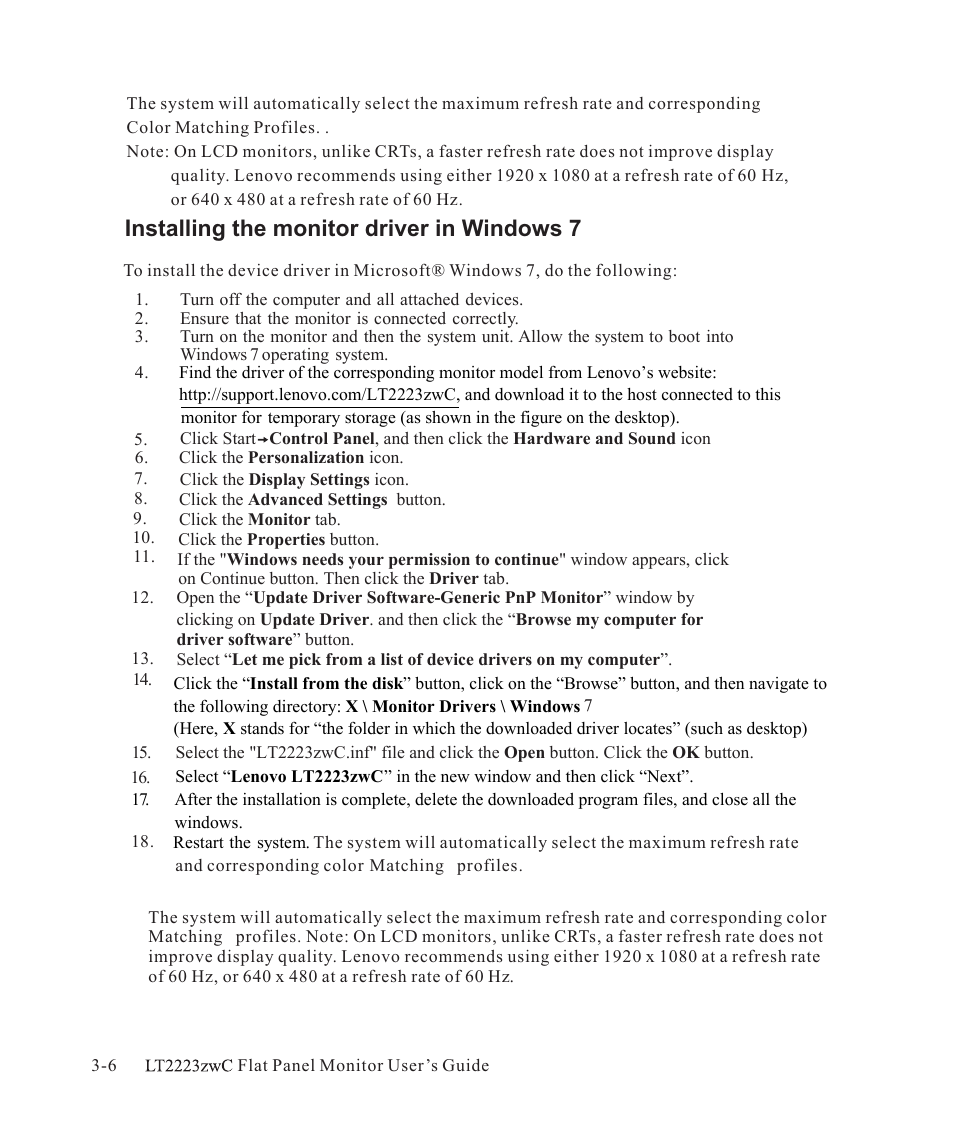 Installing the monitor driver in windows 7 | Lenovo ThinkVision LT2223z 21.5in LCD Monitor User Manual | Page 29 / 41