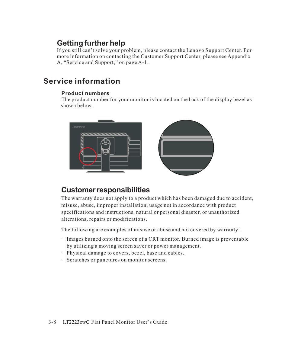 Service information, Getting further help, Customer responsibilities | Lenovo ThinkVision LT2223z 21.5in LCD Monitor User Manual | Page 31 / 41