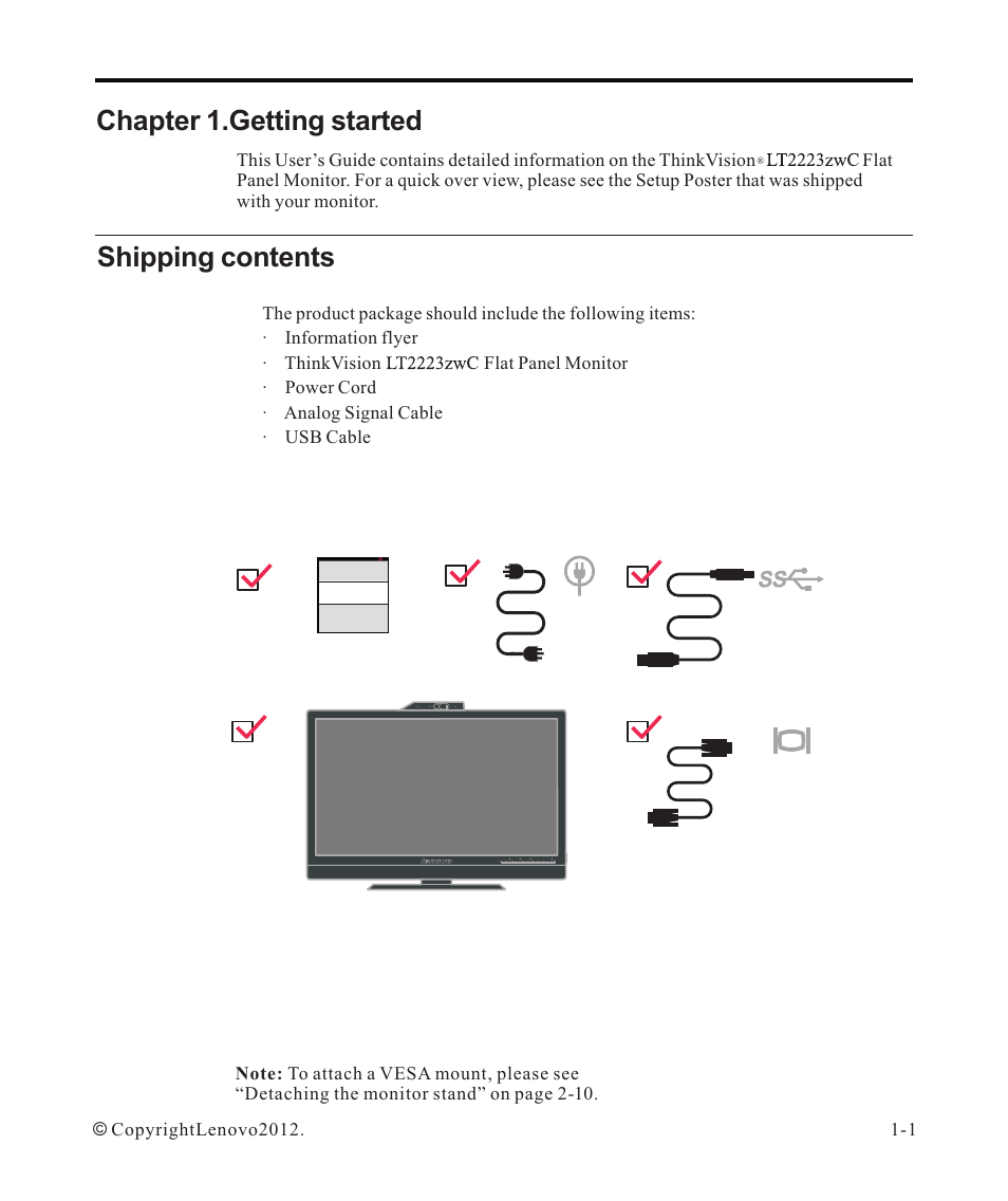 Chapter 1. getting started, Shipping contents, Chapter 1.getting started | Lenovo ThinkVision LT2223z 21.5in LCD Monitor User Manual | Page 5 / 41