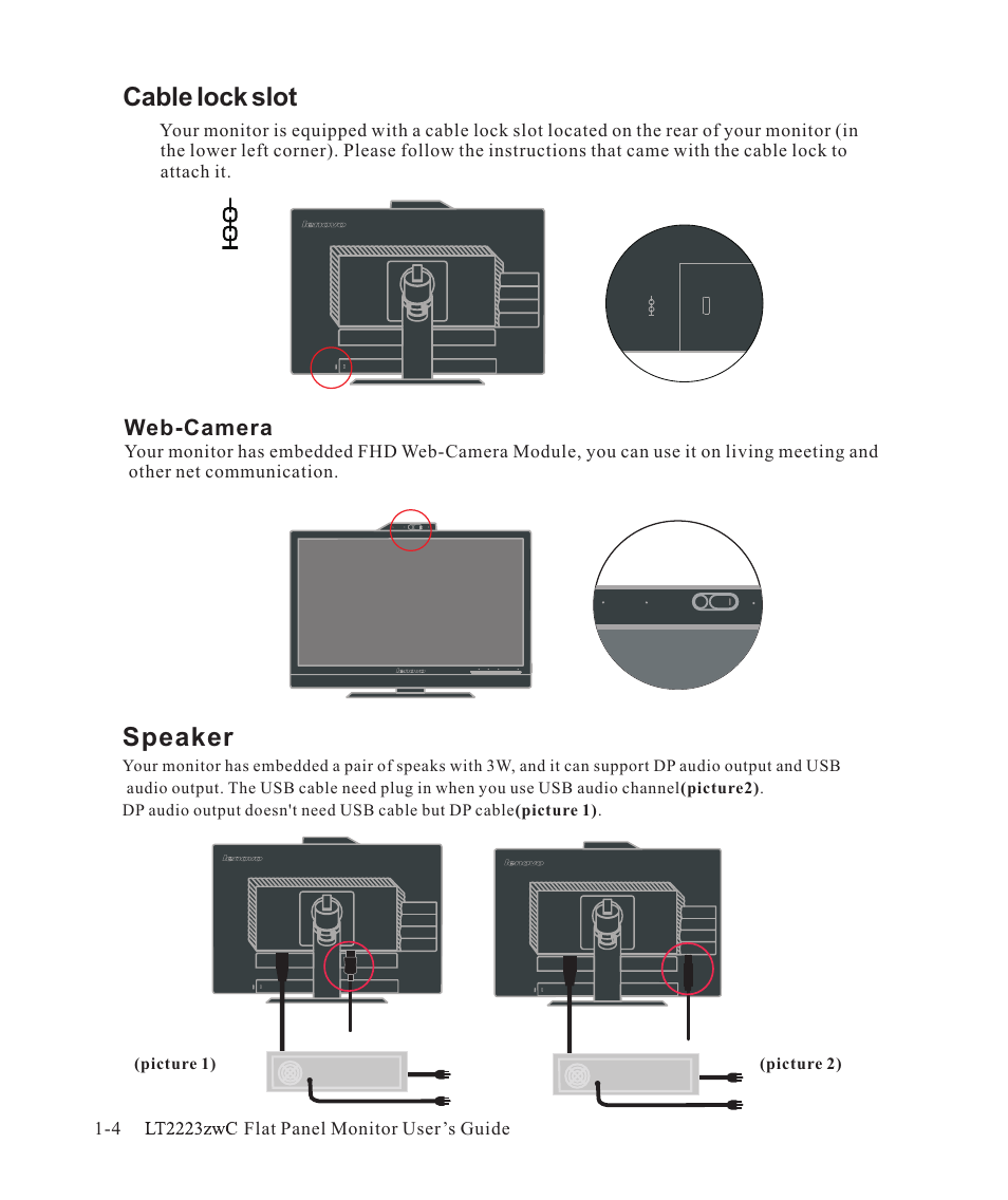 Cable lock slot, Speaker | Lenovo ThinkVision LT2223z 21.5in LCD Monitor User Manual | Page 8 / 41