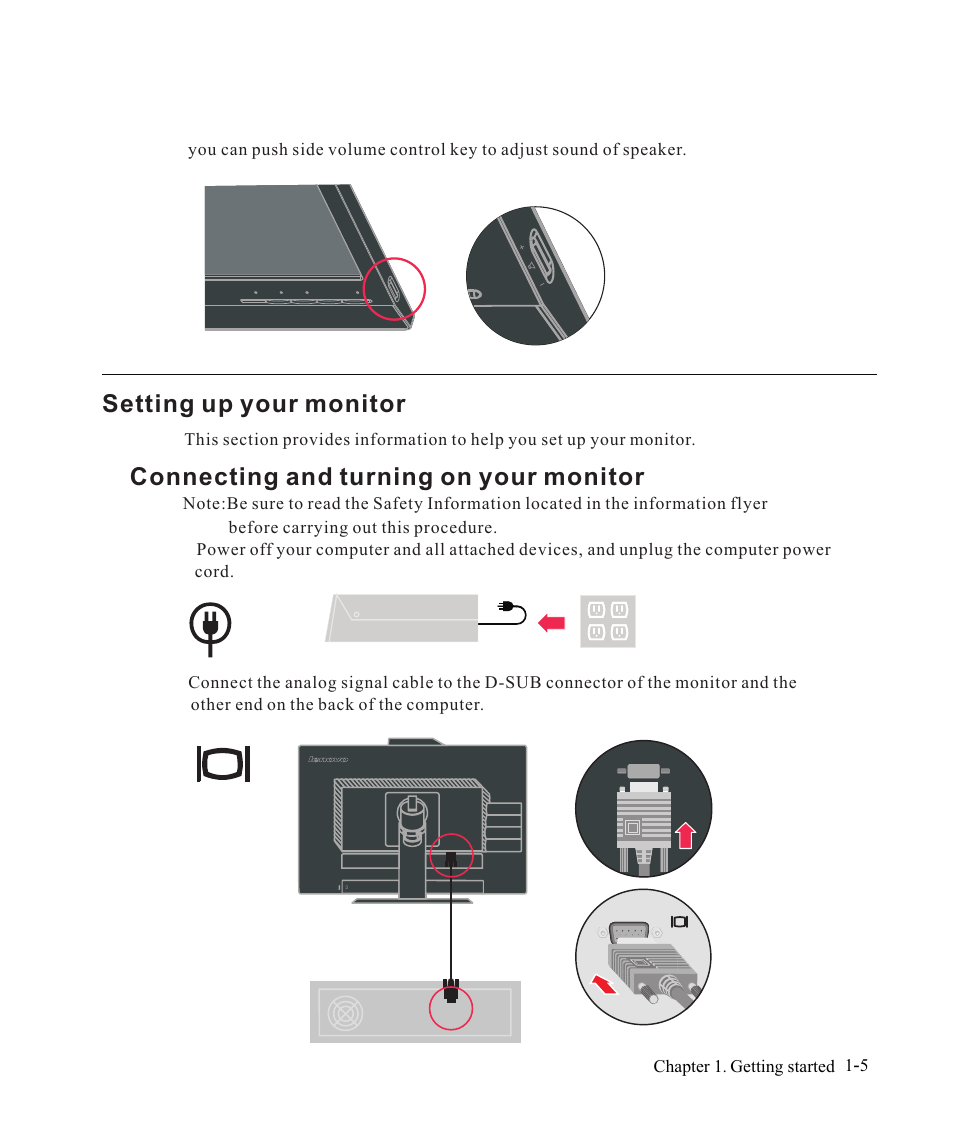 Setting up your monitor, Connecting and turning on your monitor | Lenovo ThinkVision LT2223z 21.5in LCD Monitor User Manual | Page 9 / 41