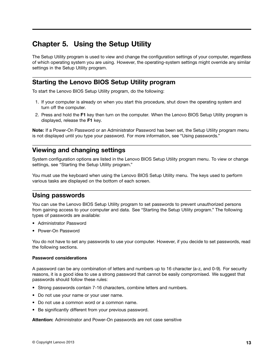 Chapter 5. using the setup utility, Starting the lenovo bios setup utility program, Viewing and changing settings | Using passwords | Lenovo IdeaCentre B540p User Manual | Page 19 / 71