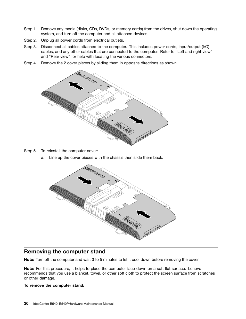 Removing the computer stand | Lenovo IdeaCentre B540p User Manual | Page 36 / 71