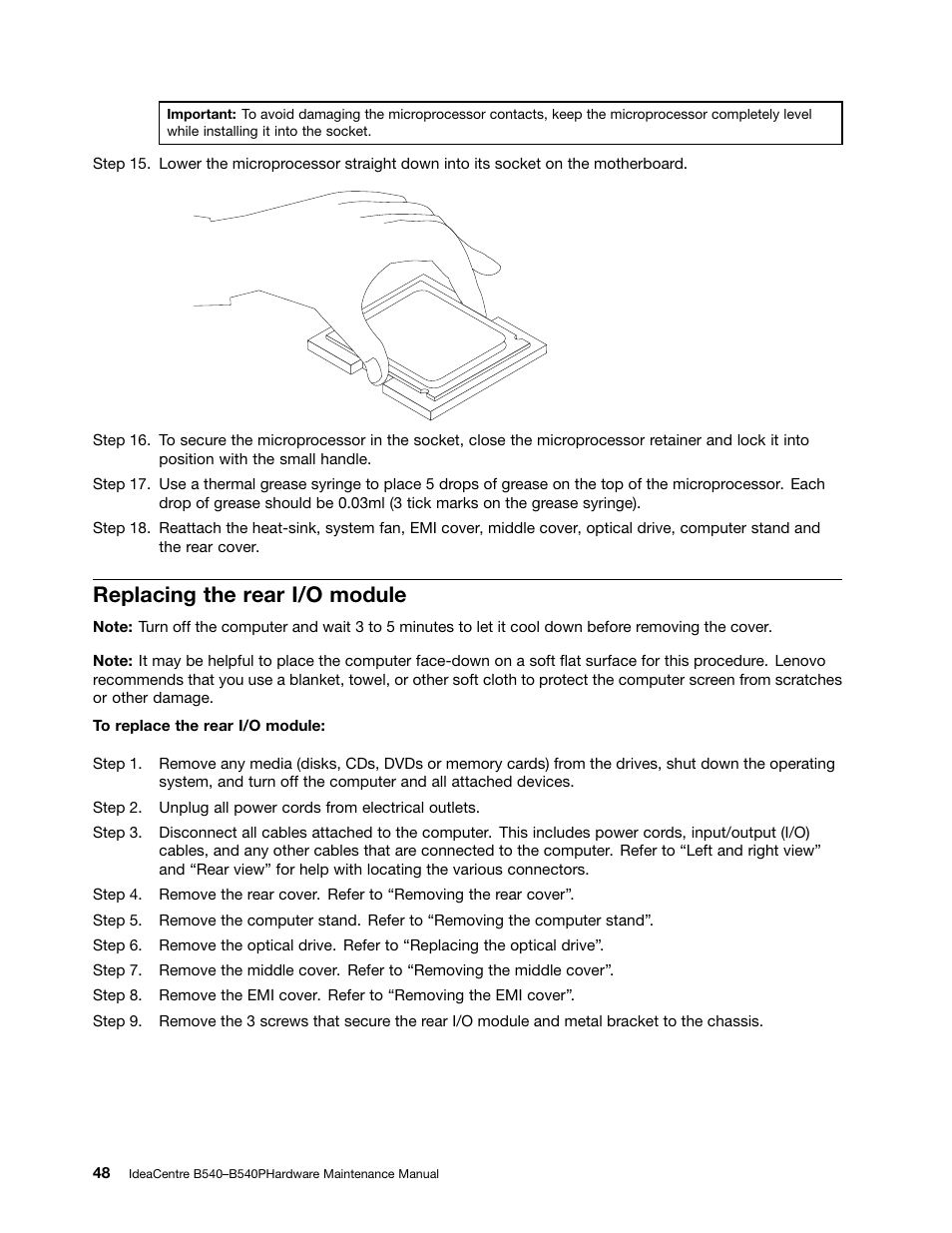 Replacing the rear i/o module | Lenovo IdeaCentre B540p User Manual | Page 54 / 71