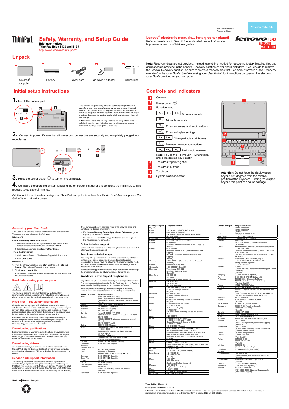 Lenovo ThinkPad Edge E130 User Manual | 2 pages