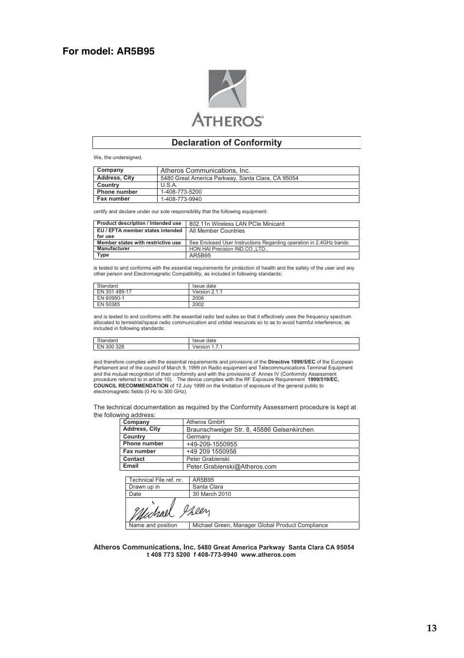 Declaration of conformity, Atheros communications, inc | Lenovo V560 Notebook User Manual | Page 14 / 36