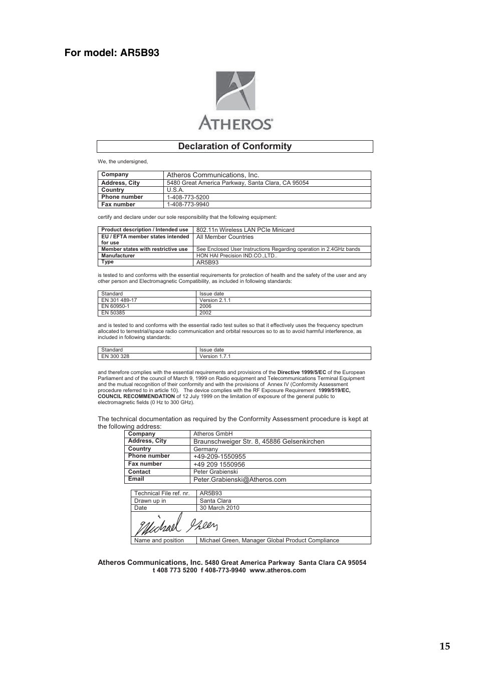 Declaration of conformity, Atheros communications, inc | Lenovo V560 Notebook User Manual | Page 16 / 36