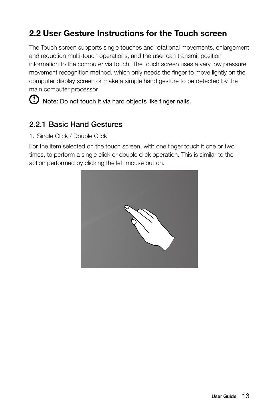 2 user gesture instructions for the touch screen, 1 basic hand gestures | Lenovo C320 All-In-One User Manual | Page 18 / 41
