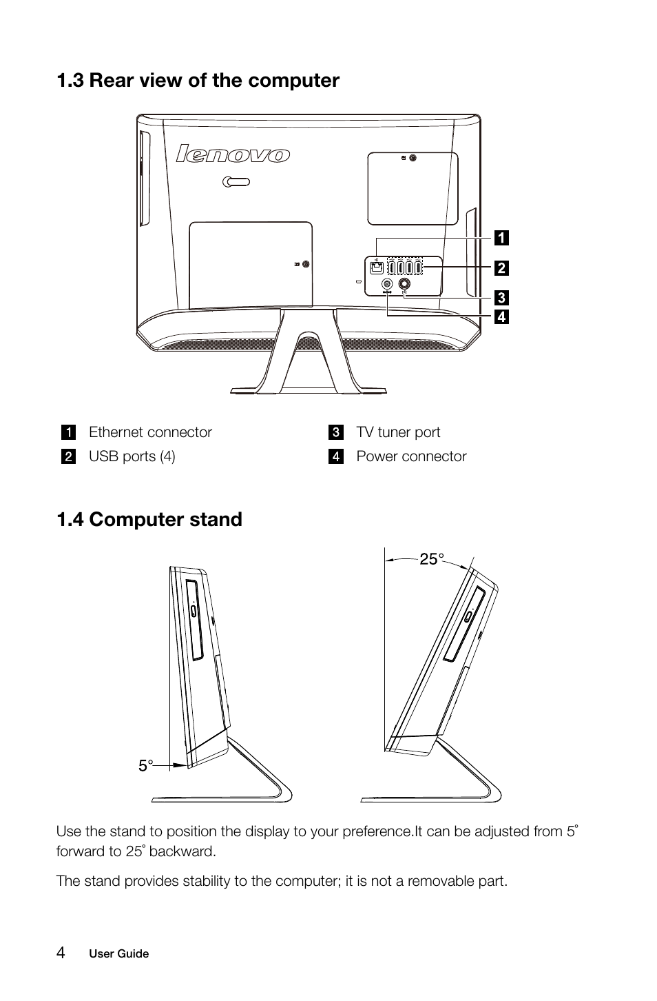 3 rear view of the computer, 4 computer stand | Lenovo C320 All-In-One User Manual | Page 9 / 41