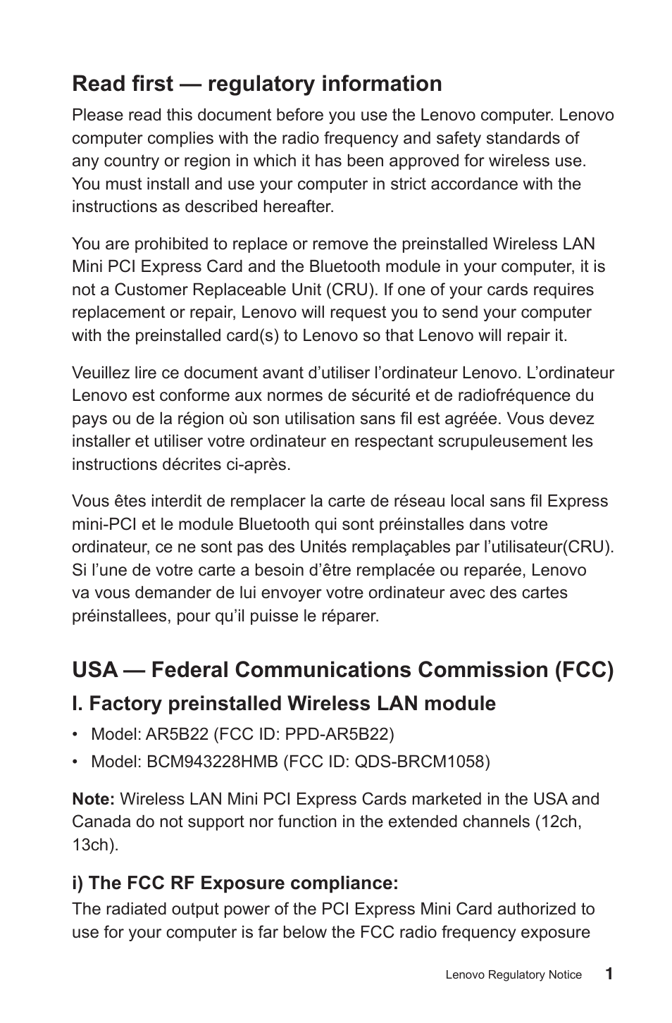 Read first — regulatory information, Usa — federal communications commission (fcc) | Lenovo IdeaCentre B750 All-in-One User Manual | Page 2 / 27