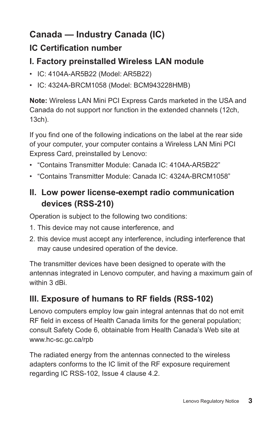 Canada — industry canada (ic) | Lenovo IdeaCentre B750 All-in-One User Manual | Page 4 / 27