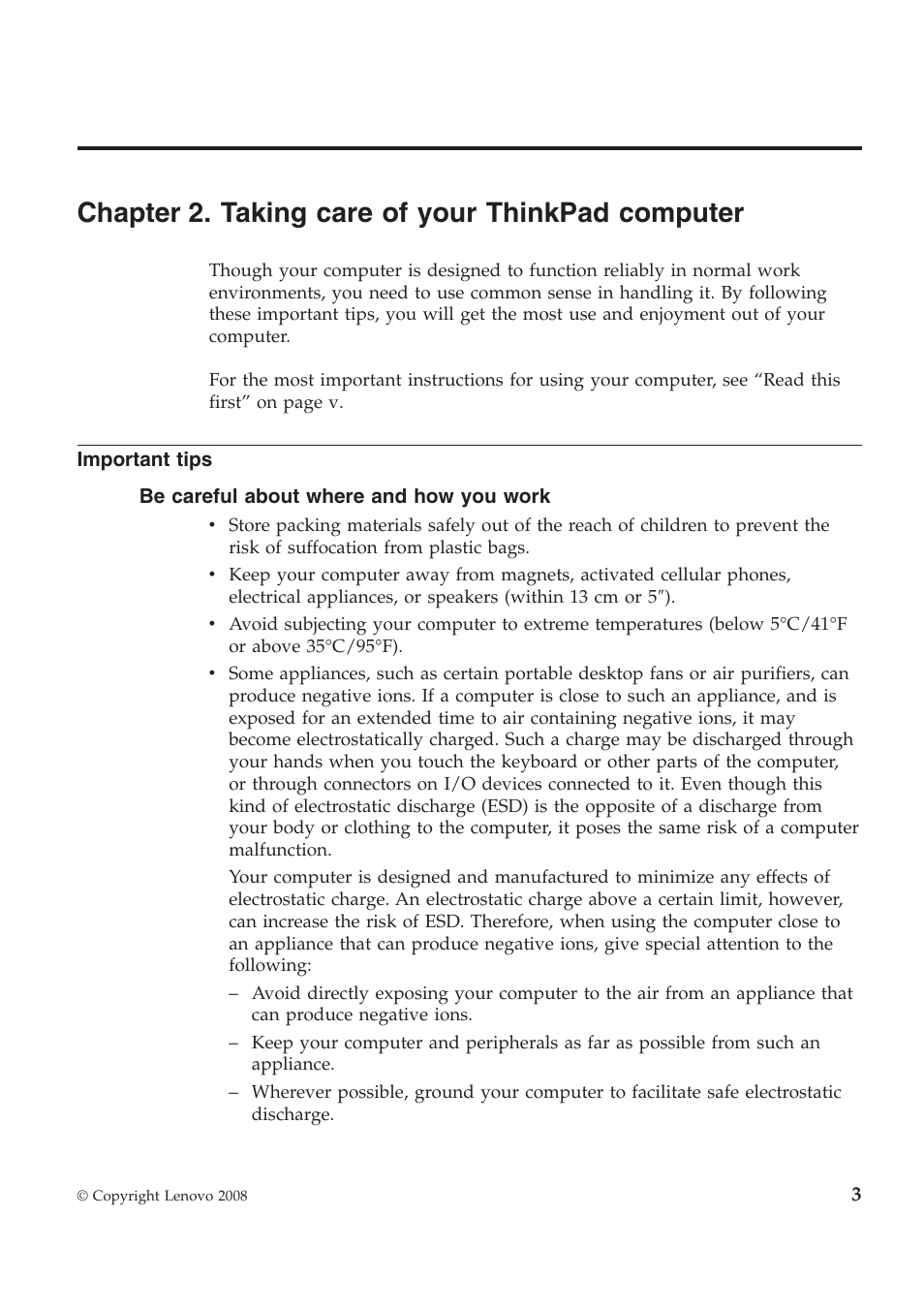 Chapter 2. taking care of your thinkpad computer | Lenovo ThinkPad W700ds User Manual | Page 11 / 90