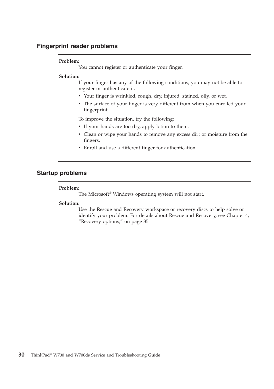 Fingerprint reader problems, Startup problems | Lenovo ThinkPad W700ds User Manual | Page 38 / 90