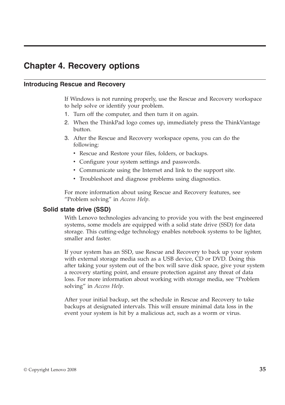 Chapter 4. recovery options | Lenovo ThinkPad W700ds User Manual | Page 43 / 90