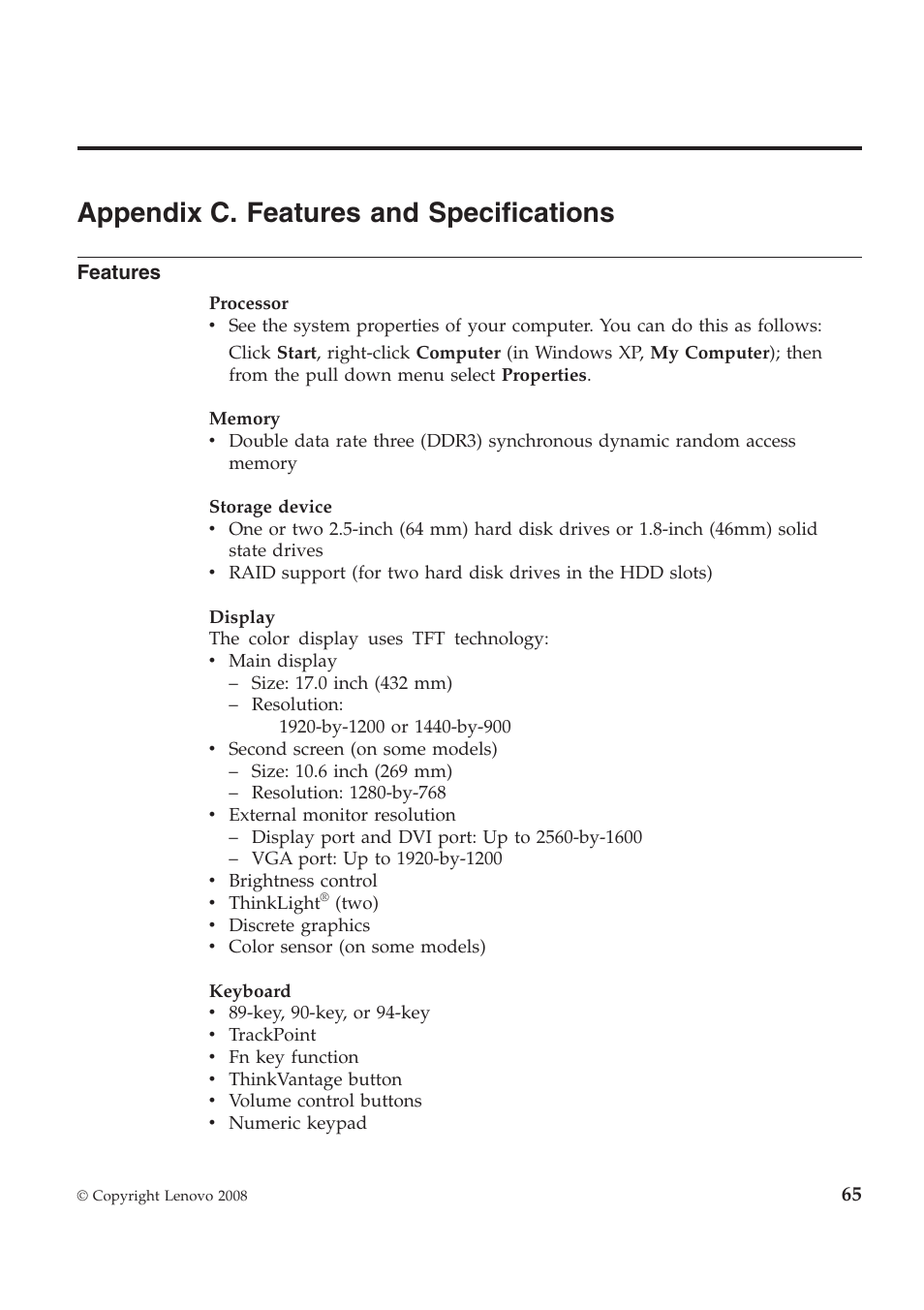 Appendix c. features and specifications | Lenovo ThinkPad W700ds User Manual | Page 73 / 90