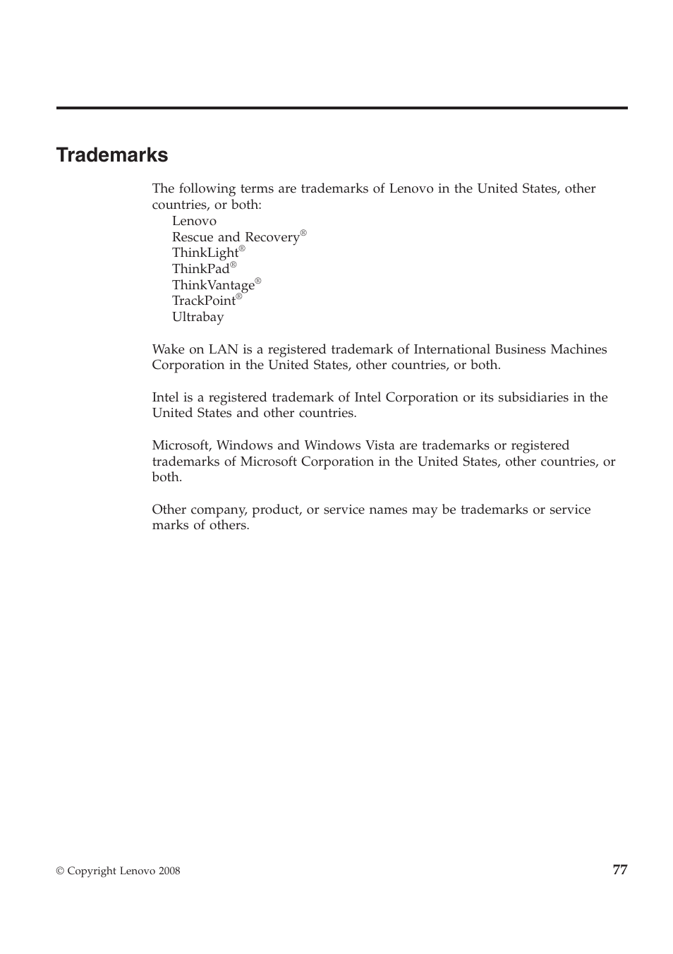 Trademarks | Lenovo ThinkPad W700ds User Manual | Page 85 / 90