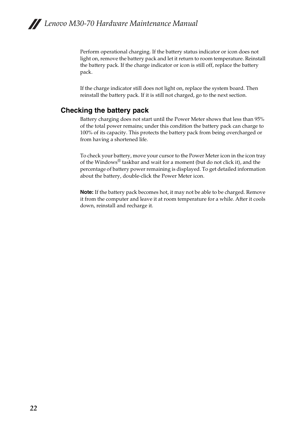 Checking the battery pack, Lenovo m30-70 hardware maintenance manual | Lenovo M30-70 Notebook User Manual | Page 26 / 79