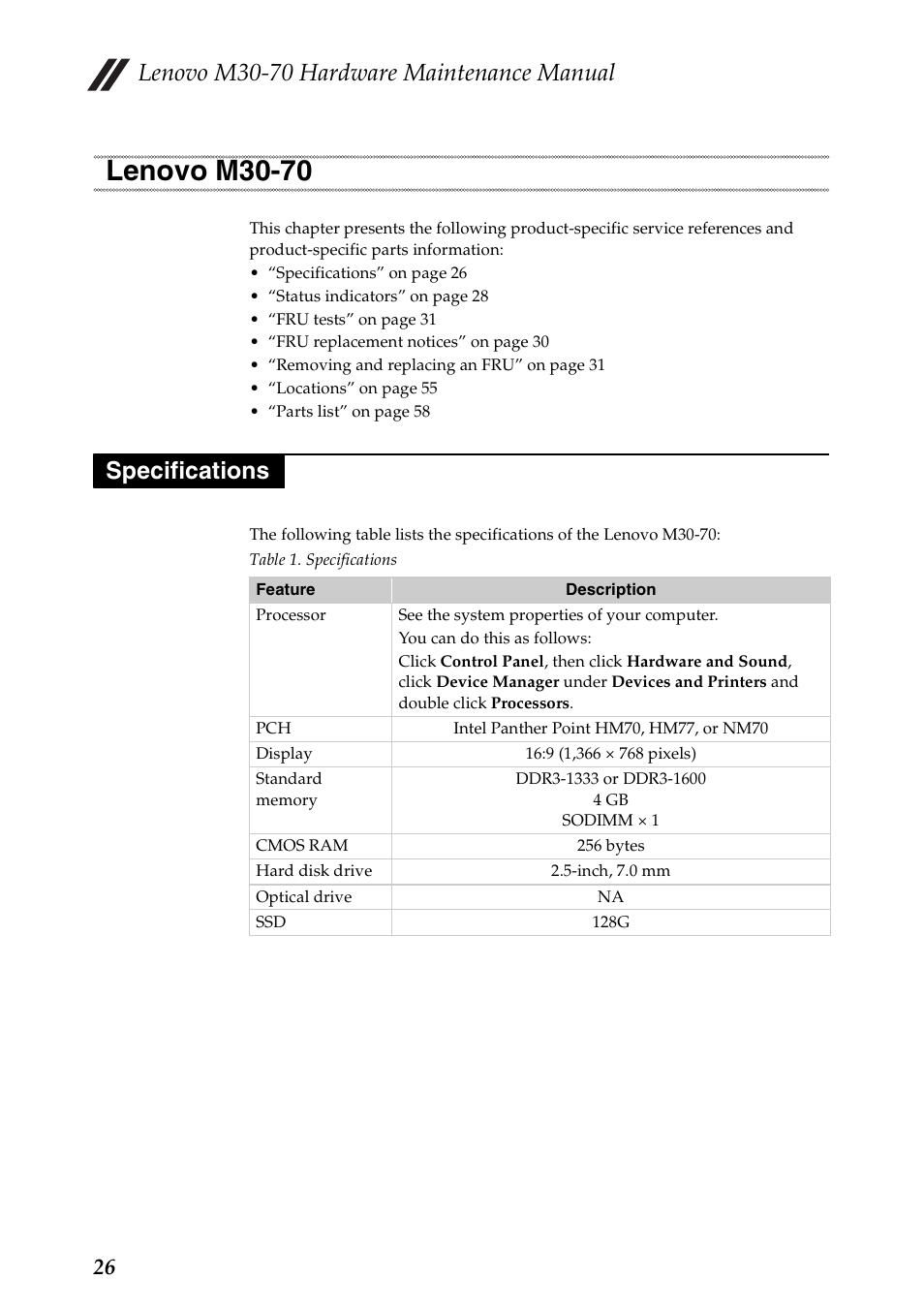 Lenovo m30-70, Specifications, Lenovo m30-70 specifications | Lenovo m30-70 hardware maintenance manual | Lenovo M30-70 Notebook User Manual | Page 30 / 79