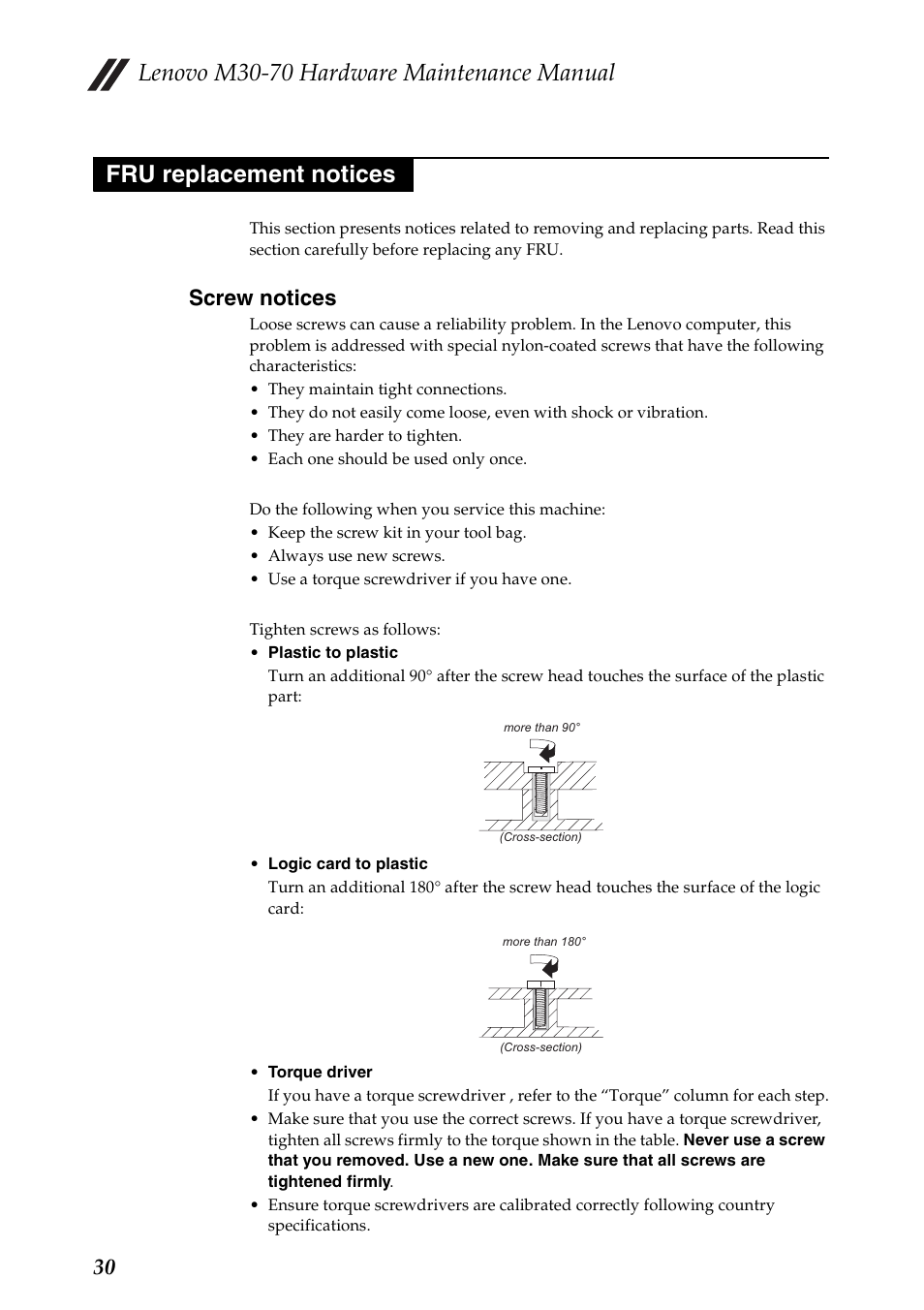 Fru replacement notices, Screw notices, Lenovo m30-70 hardware maintenance manual | Lenovo M30-70 Notebook User Manual | Page 34 / 79