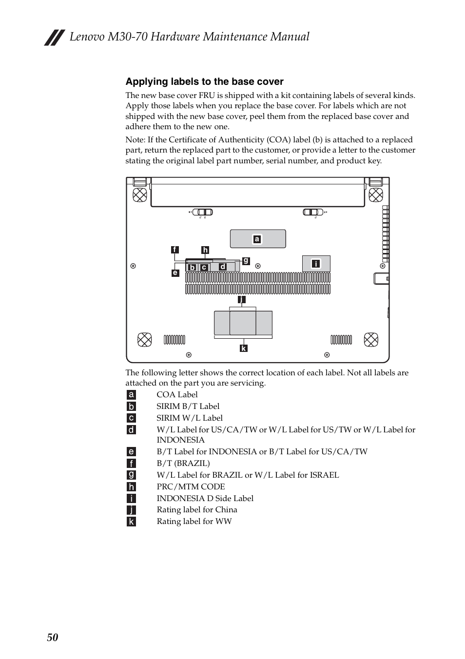 Lenovo m30-70 hardware maintenance manual, Applying labels to the base cover | Lenovo M30-70 Notebook User Manual | Page 54 / 79