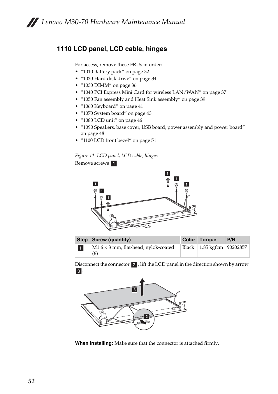 1110 lcd panel, lcd cable, hinges, Lenovo m30-70 hardware maintenance manual | Lenovo M30-70 Notebook User Manual | Page 56 / 79