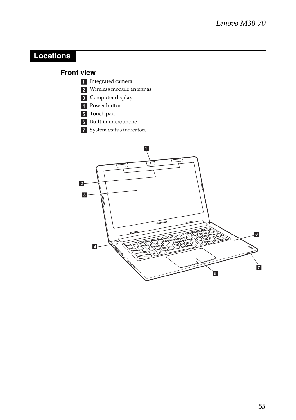 Locations, Front view, Lenovo m30-70 | 55 front view | Lenovo M30-70 Notebook User Manual | Page 59 / 79