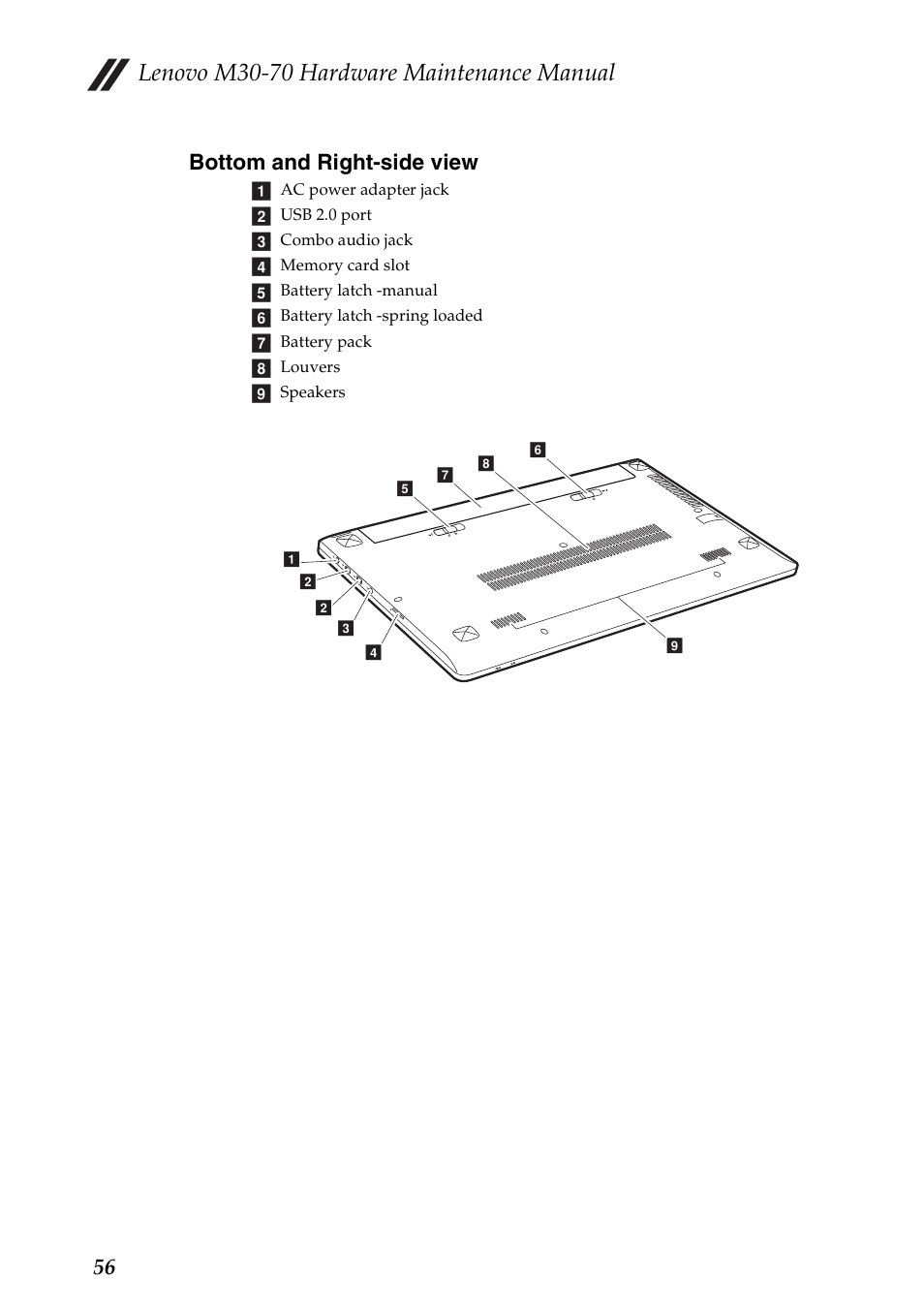 Bottom and right-side view, Lenovo m30-70 hardware maintenance manual, 56 bottom and right-side view | Lenovo M30-70 Notebook User Manual | Page 60 / 79