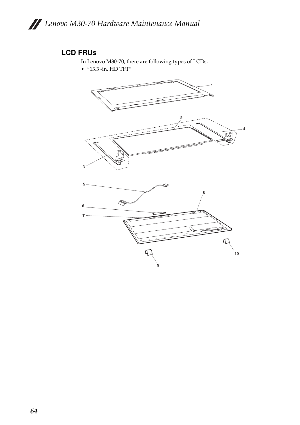 Lcd frus, Lenovo m30-70 hardware maintenance manual, 64 lcd frus | Lenovo M30-70 Notebook User Manual | Page 68 / 79