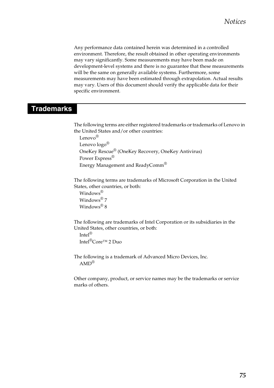 Trademarks, Notices | Lenovo M30-70 Notebook User Manual | Page 79 / 79