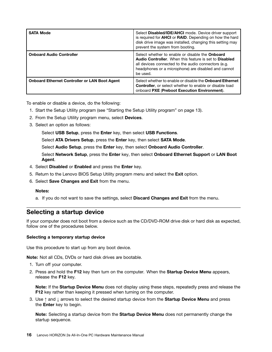 Selecting a startup device | Lenovo Horizon 2e Table PC User Manual | Page 22 / 55
