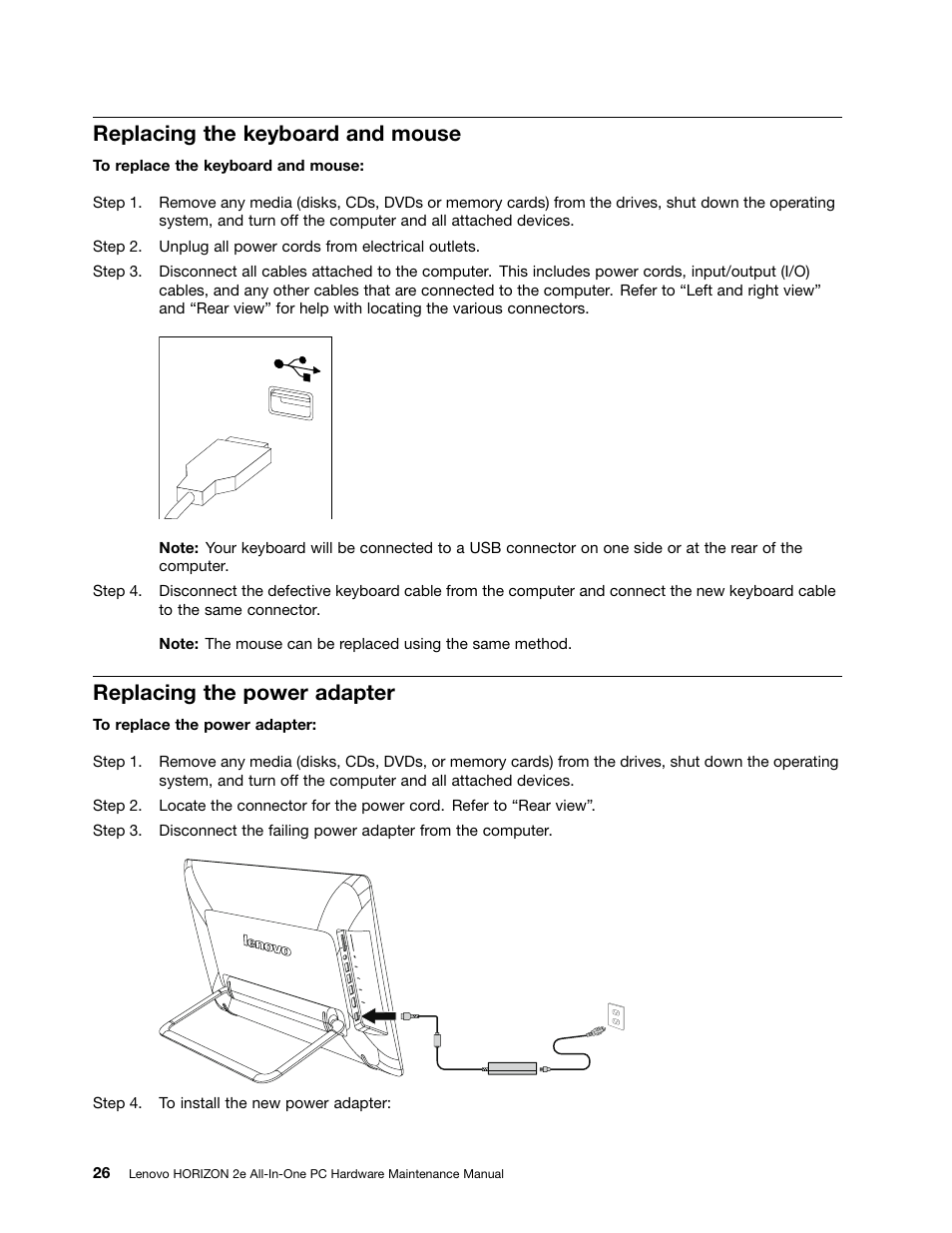 Replacing the keyboard and mouse, Replacing the power adapter | Lenovo Horizon 2e Table PC User Manual | Page 32 / 55