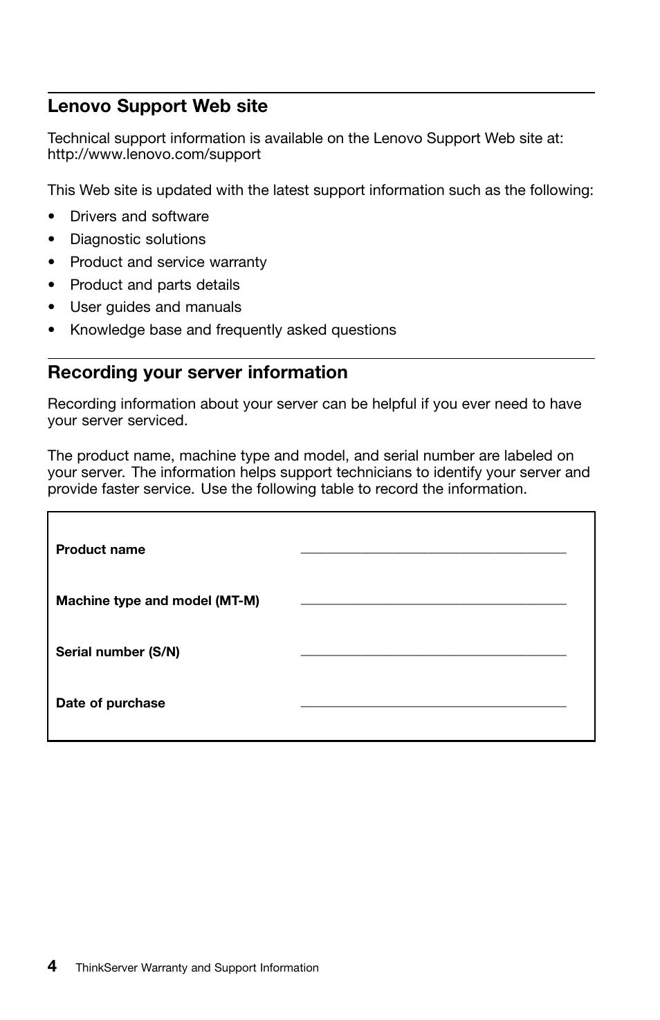 Lenovo support web site, Recording your server information | Lenovo ThinkServer RD240 User Manual | Page 12 / 36